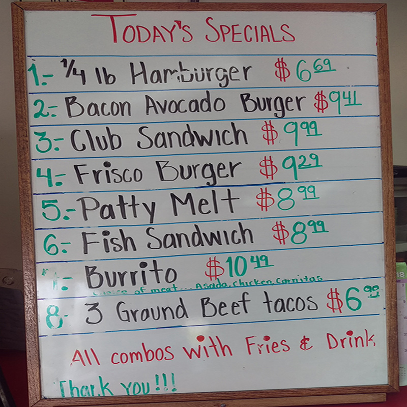 Today's Specials whiteboard — burgers, sandwiches and combos from $6.69 to $10.49